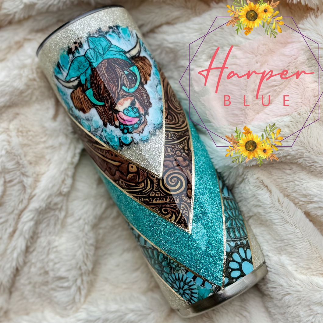 20oz Western Turquoise Cow tumbler